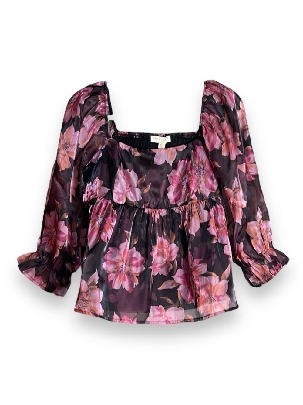 Boutique Empire Waist Babydoll Pink & Black Foral Crop Top Women’s XL Smocked
